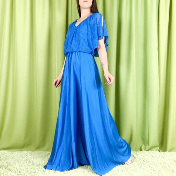 80s Vintage Royal Blue Crochet Top Bat Wing Sleeve Maxi Gown - Picture 3 of 5
